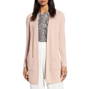 Halogen Long Ribbed Open Front Cardigan Sweater Long Sleeve Pink Smoke XXSPetite